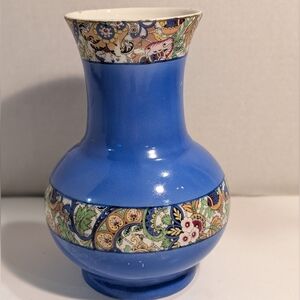Blue Ceramic Flower Vase Floral Motif Vintage.  Made In England.